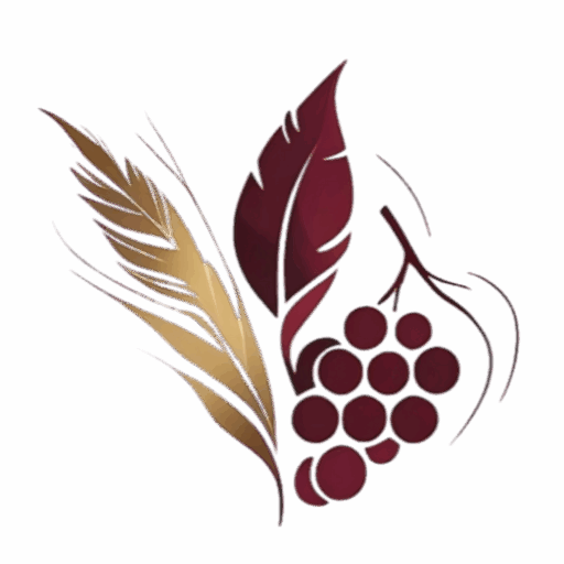 Ícono institucional de Pampa Blend con racimo de uvas, hoja de vid y espiga dorada, representando su identidad como distribuidora de vinos selectos